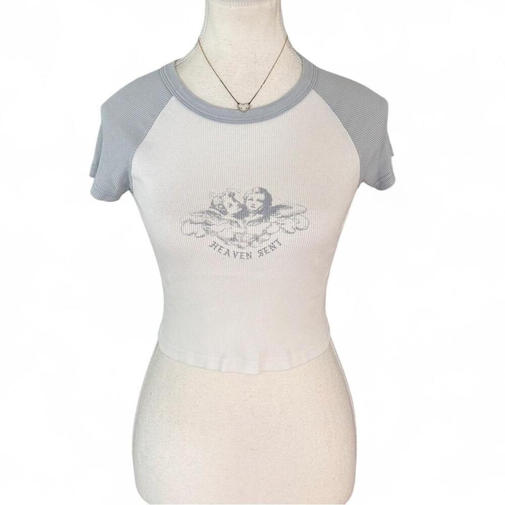 Brandy Melville white & gray ribbed crop top angel text one size 100% cotton